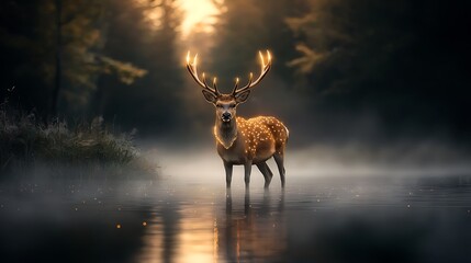 A fantastical deer with bioluminescent antlers, standing in a glowing forest. ultra-realistic, photo-realistic, highly detailed, 