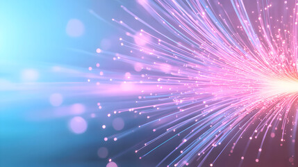 Abstract futuristic fiber optic light explosion with glowing pink and blue streaks radiating energy perfect for technology concepts and high-speed data visualization. Selective focus