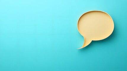 Light blue background features speech bubble cutout in paper craft style, presenting communication concept with beige balloon shape and soft shadow effects.