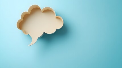 Light blue background features speech bubble cutout in paper craft style, presenting communication concept with beige balloon shape and soft shadow effects.
