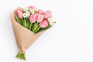 A beautifully arranged bouquet of pink tulips and white daisies wrapped in brown paper on a clean background