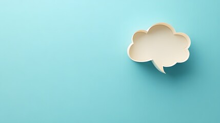 Light blue background features speech bubble cutout in paper craft style, presenting communication concept with beige balloon shape and soft shadow effects.
