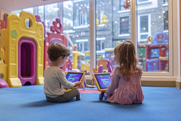 Children engaged in coding activities on tablets in innovative play area