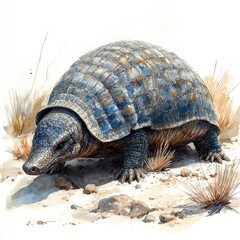 Fototapeta premium Detailed illustration of a tortoise walking on sandy terrain, surrounded by sparse grass and rocks
