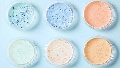 Petri dishes with different bacteria colonies on light blue background, closeup