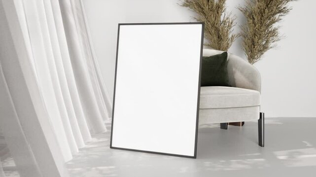 Photo or picture frame mockup in white minimalistic interior with animated curtain. 