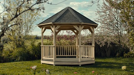 Wooden gazebo in a serene garden setting surrounded by blooming flowers and lush greenery under a clear blue sky