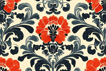 Vibrant floral pattern featuring red and black designs on a cream background, perfect for textiles