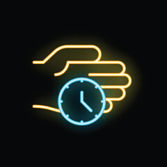 Neon icon illustration of a hand holding a clock, symbolizing time management
