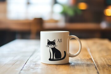 Cute Cat Mug on Wooden Table in Cozy Cafe Setting