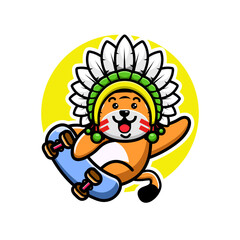 A cute tiger wearing a feathered headdress skateboarding