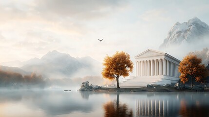 A majestic courthouse with iridescent columns and glowing steps, set in a luminous landscape, ultra-realistic, photo-realistic, highly detailed, 