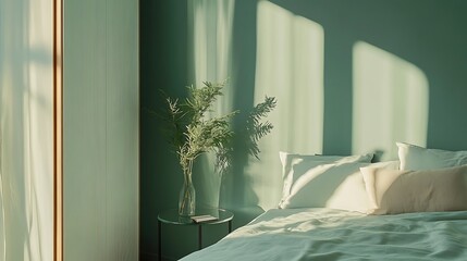 Interior of modern bedroom with green walls, wooden floor, comfortable king size bed with green linen and plant