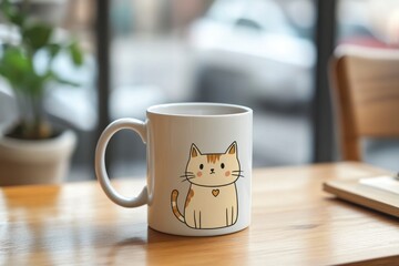 Obraz premium Cute cat illustration on a white mug on a wooden table setting