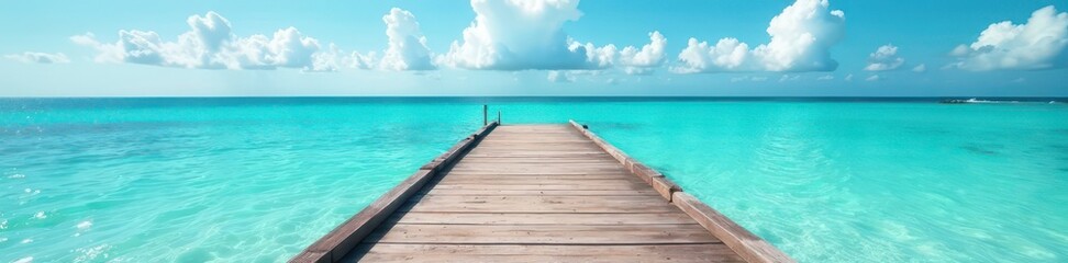 Obraz premium Rustic wooden dock extending into calm turquoise sea against vibrant sky , water, summer, turquoise