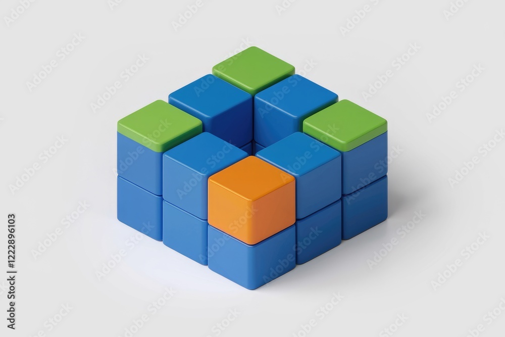 Aufkleber a 3d model of colorful cubes arranged in a cube shape with a central empty space.