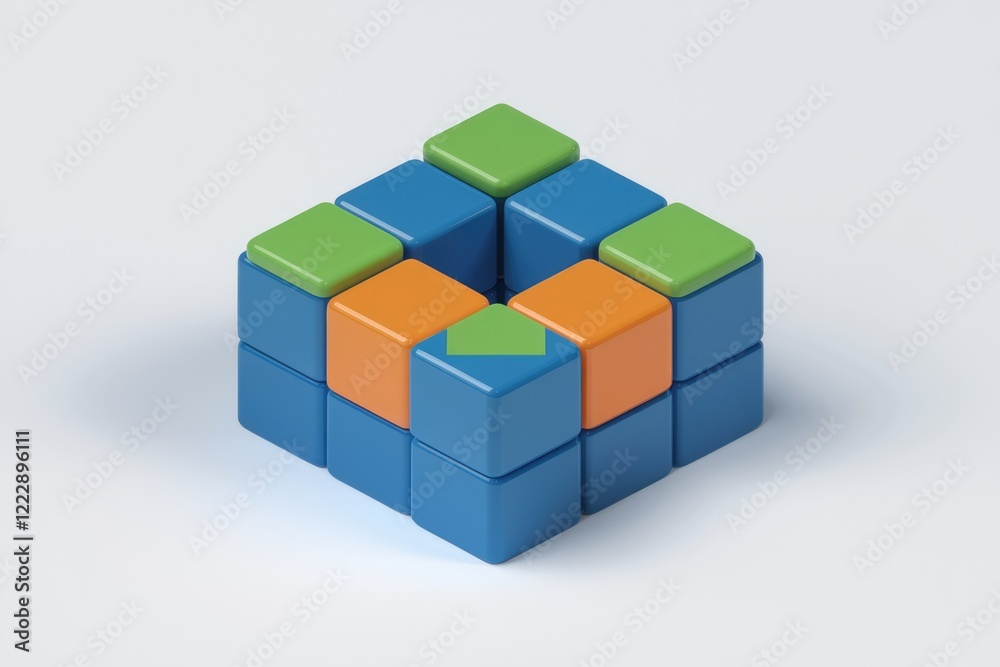 Poster Colorful blocks arranged in a cube shape with a central void, showcasing a design pattern.