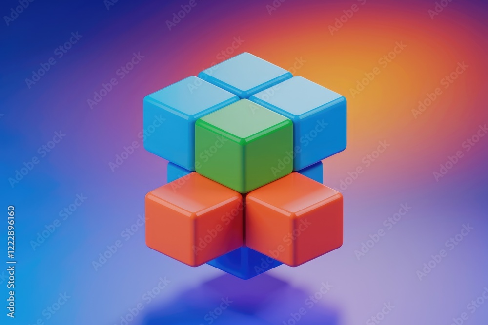 Poster interlocking colorful cubes forming a unique three-dimensional structure.