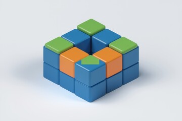 Obraz premium Colorful blocks arranged in a cube shape with a central void, showcasing a design pattern.
