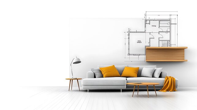 A traditional interior design layout with architectural blueprints, ideal for real estate investment opportunities, ultra-realistic, photo-realistic, highly detailed, 