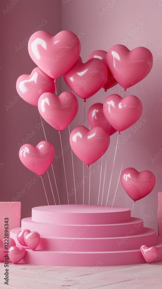 Poster a whimsical podium adorned with multiple heart-shaped pink balloons creates an enchanting setting fo