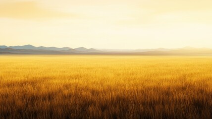 Fototapeta premium Golden Hour Over Vast Open Savannah with Wildlife Grazing in the Distance