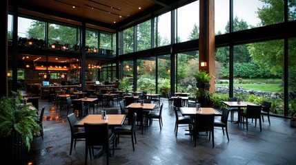 Modern restaurant interior with garden view, showcasing tables and chairs. Use Restaurant website, menu, advertising