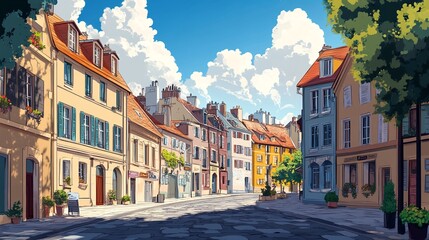 Obraz premium A colorful and vibrant cartoon depiction of a quaint European town with an array of houses and buildings lining narrow streets.