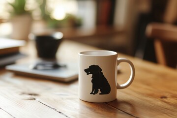 Obraz premium Coffee Mug with Dog Silhouette on Rustic Wooden Table Setting