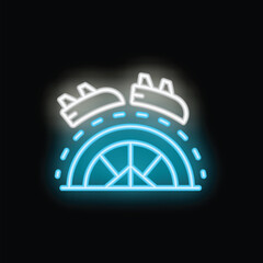 Fototapeta premium Bright neon sign representing a rollercoaster passing through a ferris wheel, on black background