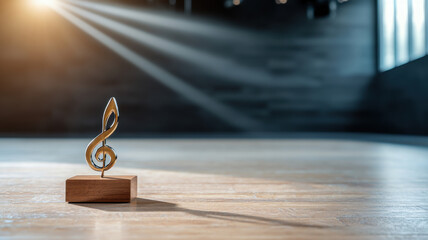 bold golden treble clef trophy stands proudly on wooden floor, illuminated by soft light