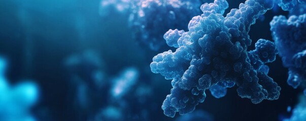 Microscopic perspective of viruses in blue, sleek banner background with clear space for informational text