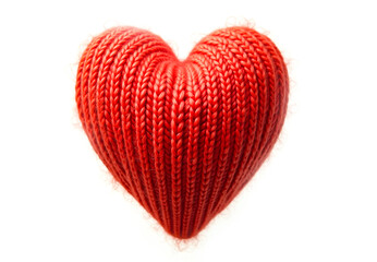 Knitted heart made of red wool threads. light white background.