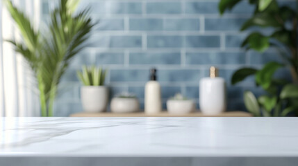 Fototapeta premium Clean Marble Tabletop Mockup Modern Bathroom Design Plants Background Blue Home White Space Green 