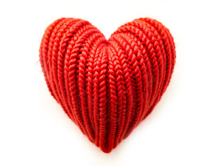 Knitted heart made of red wool threads. light white background.