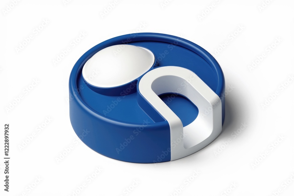 Poster abstract 3d rendering of a blue and white circular object with geometric shapes.
