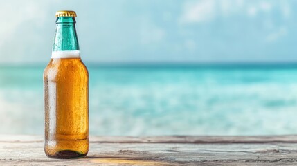 A freshly opened beer bottle sits on a wooden table overlooking a serene beach, encapsulating the essence of summer relaxation, refreshing moments, and carefree leisure by the sea.