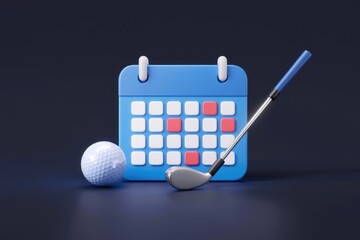 Golf schedule reminder: A blue calendar with marked dates, golf club, and ball.