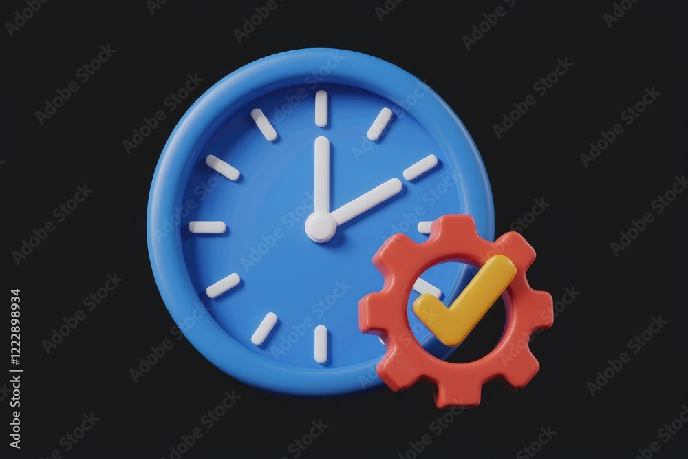 Poster clock and gear with checkmark symbolizes on-time project completion and efficiency.