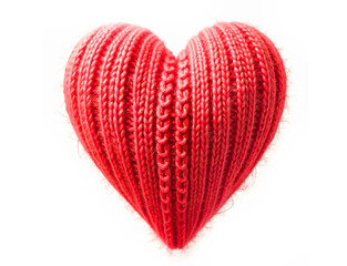 Knitted heart made of red wool threads. light white background.