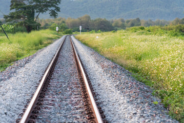 Parallel railroad heavy metal industry railway transportation. Close up rail link way for freight shipping railroad heavy manufacture engineering. Train vehicle railroad track station manufacturing