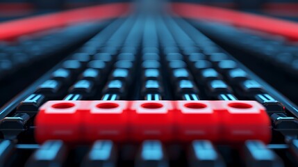 A close-up view of a pattern featuring red blocks on a black background, creating a visually striking contrast with a sense of depth.