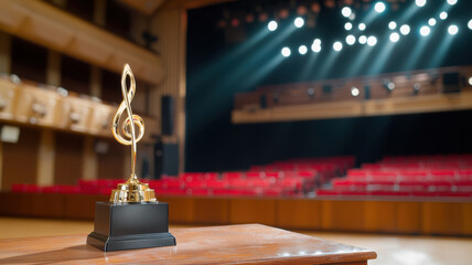 Obraz premium golden treble clef trophy on wooden table in concert hall, symbolizing musical achievement and excellence