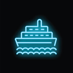Blue neon icon of a cruise ship sailing on stylized waves, on a black background