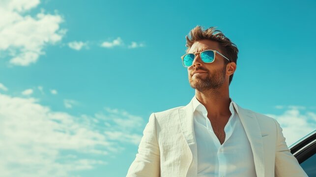 An elegant man dressed in a white suit and sunglasses stands confidently, showcasing a sophisticated style against a striking blue sky with fluffy clouds.