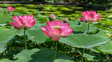 Pink lotus flowers bloom in pond with leaves and buds in daytime. Possible stock use