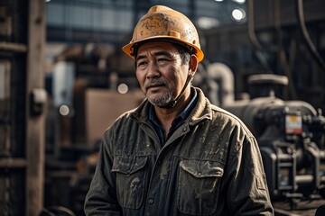 arafed man in a hard hat standing in a factory