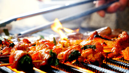 BBQ Barbecue grilled meat stick on fire flame with hot charcoal cooking outside. Beef grilling picnic outdoor with smoke bacon spicy sausage for party. Grill pork bbq on fire flame Party Concept