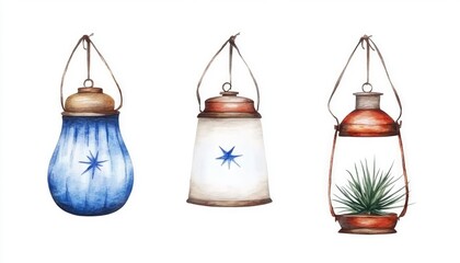 Three beautifully illustrated lanterns showcasing unique designs, colors, and a plant, perfect for decor