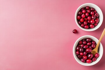 Fresh cranberries in white bowls on pink background